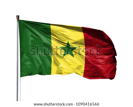 National flag of Senegal on a flagpole, isolated on white background Royalty-Free Stock Photo #1090416566