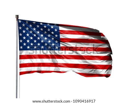 National flag of America on a flagpole, isolated on white background