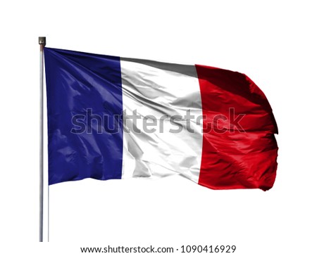 National flag of France on a flagpole, isolated on white background