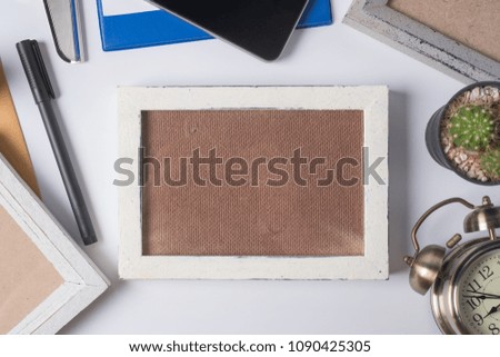 Vintage frame and school or office tools  on white background and copy space.Education School Concept