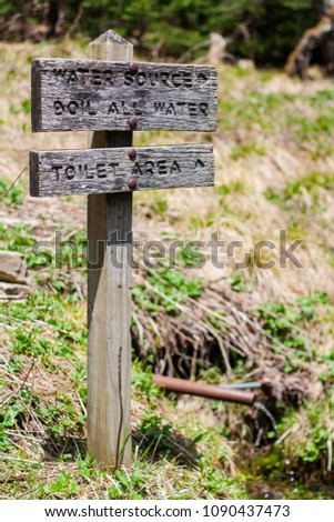 Wooden Trail Sign, Toilet Area, Water Source, Camp Site Sign Post