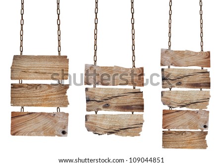 Collection wooden sign with chain on white background,  with Clipping Paths for design work