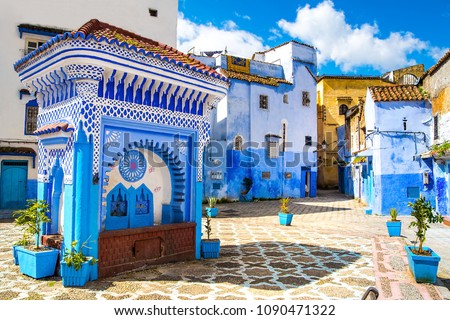 Beautiful view of the square in the blue city of Chefchaouen. Location: Chefchaouen, Morocco, Africa. Artistic picture. Beauty world
