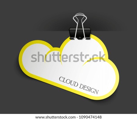 Clothes peg office cloud sticker banner shape. Clerical pin for cloud shape paper background. Office clip with paper cloud sticker poster. Clerical clerk with paper sheet sticker banner