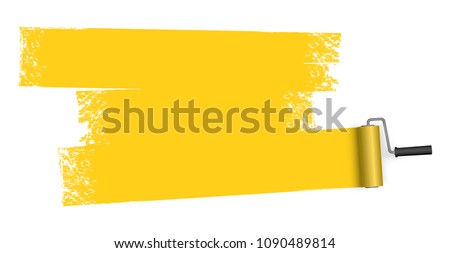 isolated on white background paint roller with painted marking colored yellow Royalty-Free Stock Photo #1090489814