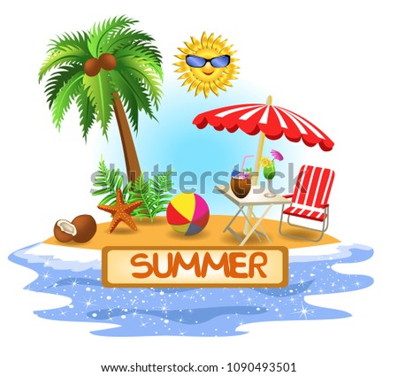summer vector banner with palm tree, umbrella and fresh drinks