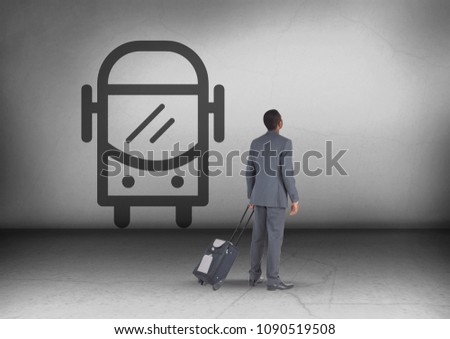 Businessman with travel bag looking up with bus icon