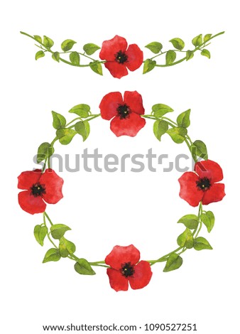 Watercolor border and wreath with poppy flowers and green leaves. Botanical illustration