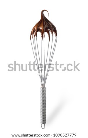 Whisk with melted chocolate cream isolated on white Royalty-Free Stock Photo #1090527779