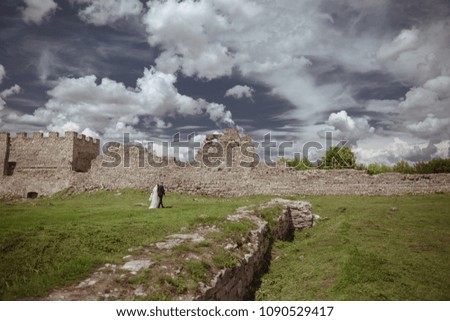 Beautiful wedding couple walking on the background of the ruined castle