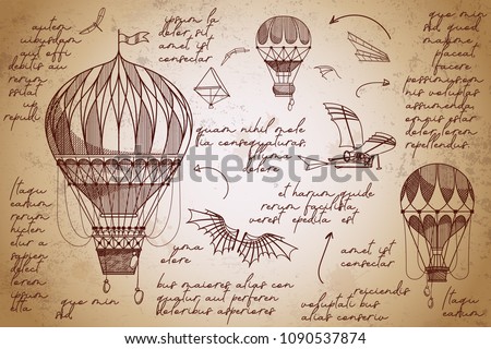 Retro air balloons hand drawn sketches. Vintage engraving poster. Flying inventions. Early flying machines. Royalty-Free Stock Photo #1090537874