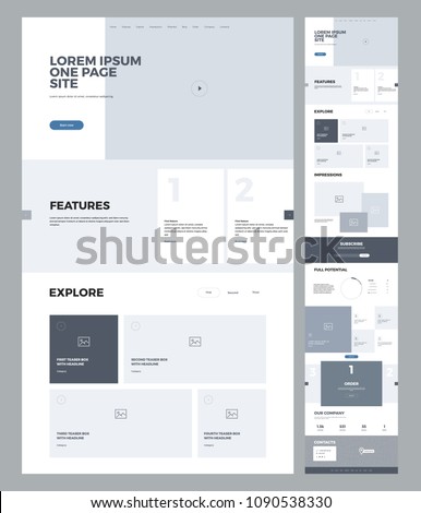 One page website design template for business. Landing page wireframe. Flat modern responsive design. Ux ui website: home, features, explore, impressions, potential, blog, order, company, contacts. Royalty-Free Stock Photo #1090538330