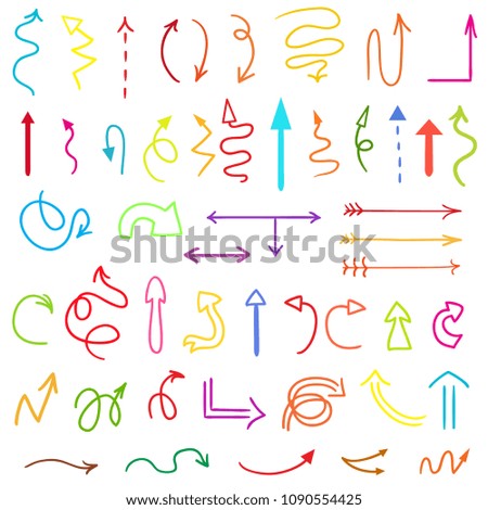 Colored arrows. Infographic elements. Big set of hand drawn colorful pointers on isolation background. Line art