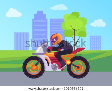 Biker on street motorbike riding on road at background of skyscrapers cityscape, motorized bicycle with man in helmet vector illustration isolated