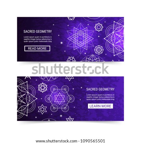 Sacred geometry ornament luminous shiny galaxy star modern futuristic banner set. Cosmic design violet neon luminescent glow ornamental background template. EPS 10 vector backdrop. Clipping masks