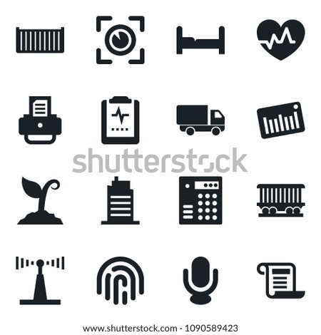 Set of vector isolated black icon - printer vector, sproute, heart pulse, clipboard, railroad, cargo container, car delivery, barcode, antenna, microphone, fingerprint id, bedroom, city house