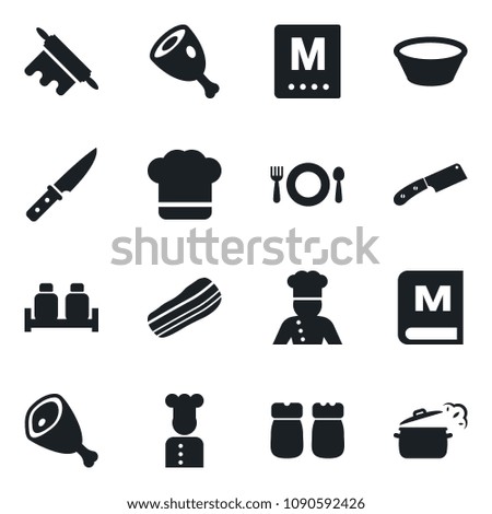 Set of vector isolated black icon - cook vector, cafe, hat, menu, bacon, salt and pepper, ham, bowl, rolling pin, knife, steaming pan