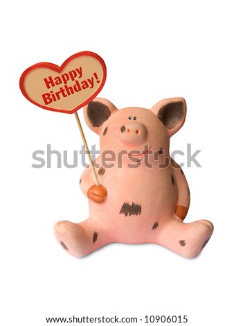 Funny pig with heart Happy birthday, isolated on white background