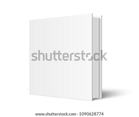 Vector mock up of standing book with white blank cover isolated. Closed square hardcover book, catalog or magazine mockup on white background. 3d illustration. Diminishing perspective.
