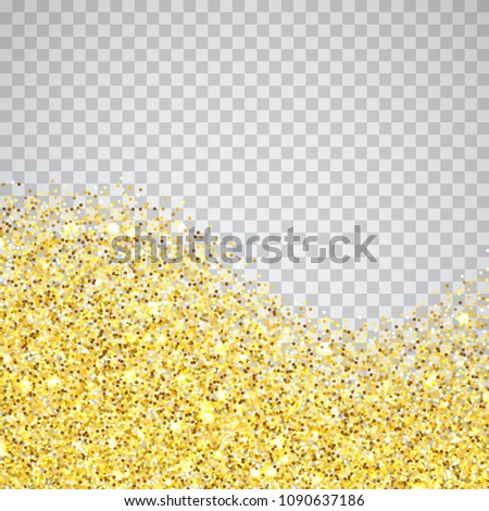 Gold glitter wave texture border over transparent checker background. Abstract golden sparkles of confetti. Vector square backdrop illustration.