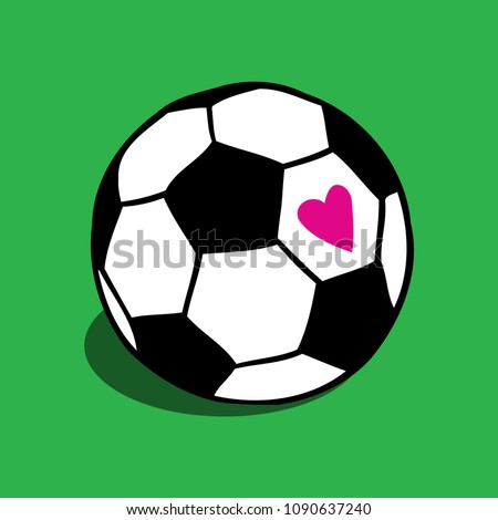 I love soccer, football ball with pink heart vector illustration isolated over green grass field. Sport game equipment.