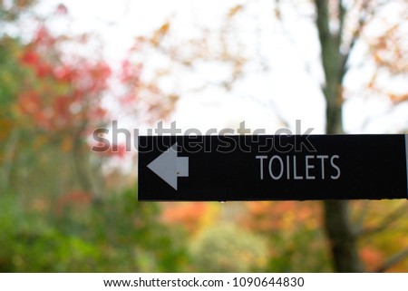 Public toilet sign in the park, blurred Autumn leaves background 