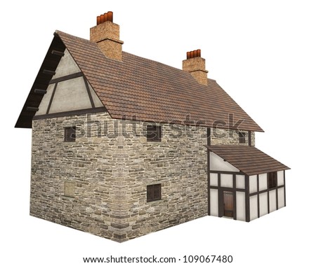 Stone and half-timbered European Medieval country farm house isolated on a white background, 3d digitally rendered illustration