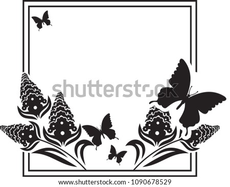 Square flower frame with butterflies silhouettes. Copy space. Vector clip art.