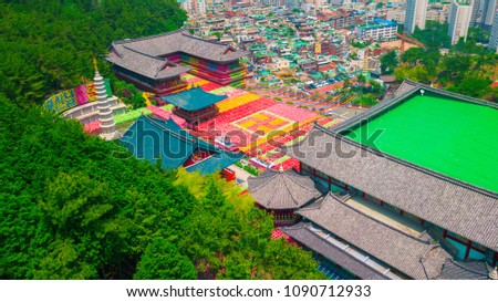 Aerial view of Samgwangsa temple in Busan city of South Korea. Thousands of paper lanterns decorate Samgwangsa Temple in Busan, South Korea for Buddha's Birthday.
