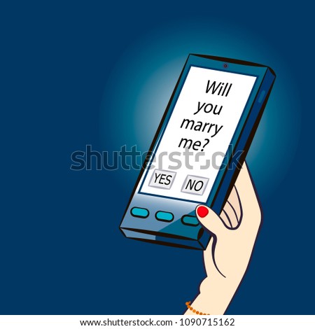 Nice illustration representing the changing of the human relations with new technologies. SMS with question "Will you marry me?" Vector cartoon illustration.  