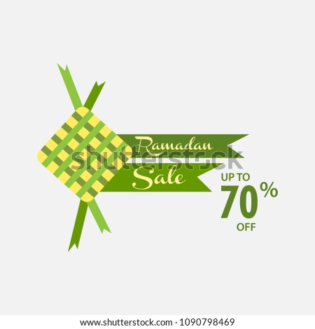 Ramadan Kareem sale illustration with ketupat indonesian food. Banner, discount, label, greeting card, of ramadan Kareem and eid mubarak celebration. up to 70%.