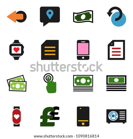 solid vector icon set  - document vector, cash, pound, heart monitor, money, traking, mobile phone, touchscreen, arrow, undo, ari condition