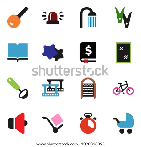 solid vector icon set  - clothespin vector, window cleaning, splotch, washboard, shower, cook timer, ladle, book, annual report, bike, cargo, film frame, speaker, siren, key, baby stroller
