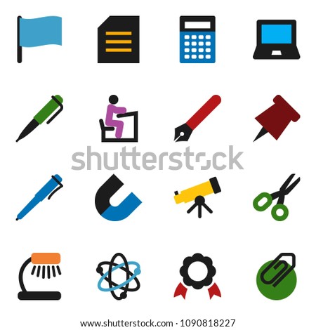 solid vector ixon set - pen vector, student, atom, telescope, table lamp, calculator, notebook pc, paper pin, medal, magnet, scissors, document, flag, attachment