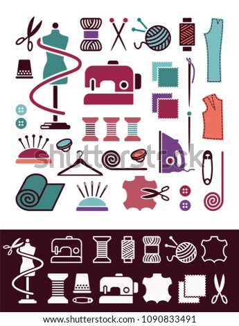 Sewing and needlework icons in a flat style