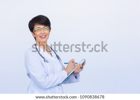Medical physician doctor woman over white background with copy space