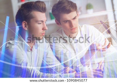 Businesspeople working on project together at modern office workplace with abstract forex chart. Accounting and finance concept. Double exposure 