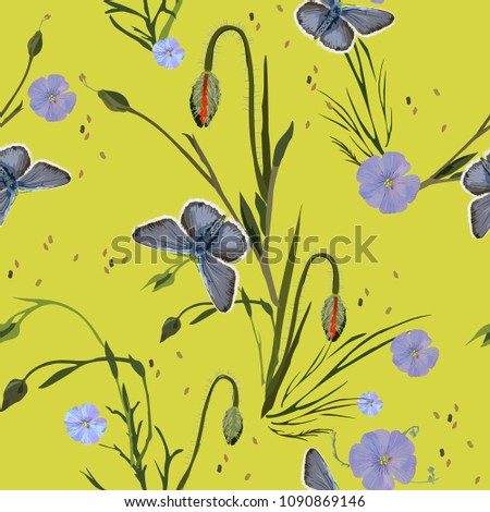 Seamless, romantic, floral pattern with butterflies and field plants. Elegant plants scattered randomly on a green background.Vector for fashion prints, textiles, wallpapers, tiles, wrapping paper.