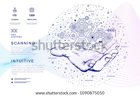 DNA analysis on medical systems development future industry.  Innovations program in intelligence learn. Trendy design in awesome really style. Royalty-Free Stock Photo #1090875050