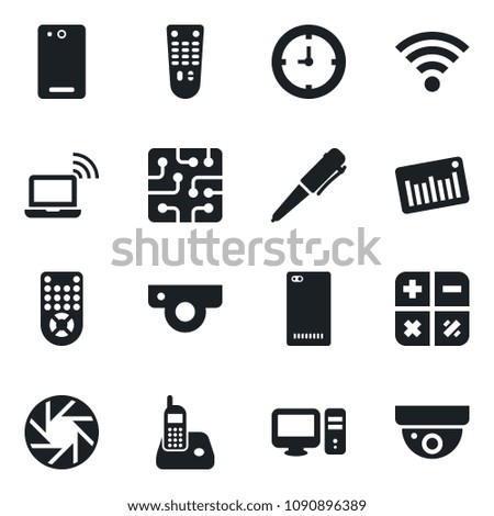 Set of vector isolated black icon - wireless notebook vector, calculator, pen, clock, barcode, remote control, radio phone, back, mobile camera, chip, web, pc, surveillance