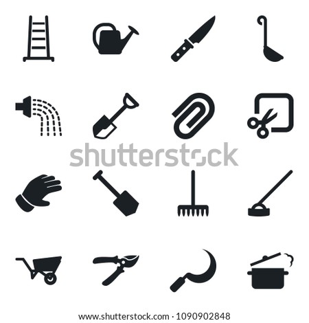 Set of vector isolated black icon - job vector, shovel, rake, ladder, watering can, wheelbarrow, pruner, glove, hoe, sickle, cut, paper clip, ladle, knife, steaming pan