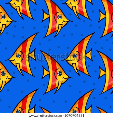 Fabulous nautical seamless pattern with a fun fish on a blue background.Vector illustration for children.Kids background.Summer print for fabric,textile,wrapping paper.