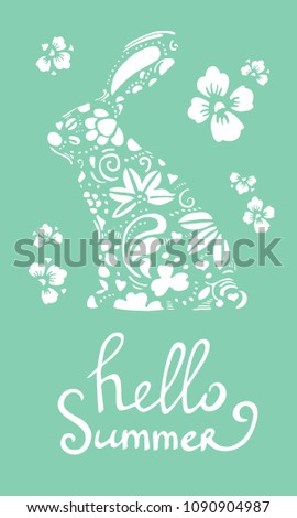 Vector hand drawn lettering hello summer with decorated bunny silhouette and flowers white on green background