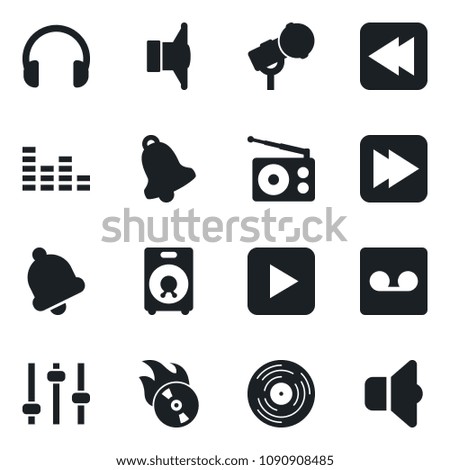 Set of vector isolated black icon - vinyl vector, flame disk, microphone, radio, speaker, equalizer, headphones, play button, fast forward, rewind, tuning, bell, record, sound