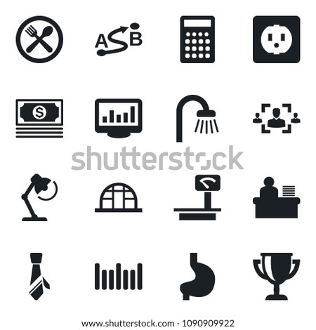 Set of vector isolated black icon - greenhouse vector, stomach, cash, heavy scales, barcode, route, monitor statistics, hr, manager desk, lamp, tie, bathroom, cafe, socket, calculator, award cup