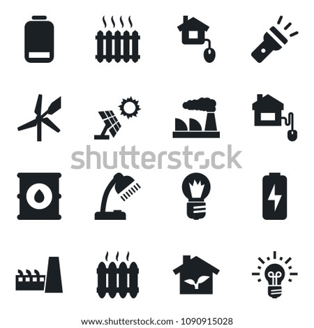 Set of vector isolated black icon - bulb vector, factory, oil barrel, low battery, torch, charge, desk lamp, heater, home control, eco house, sun panel, windmill, idea