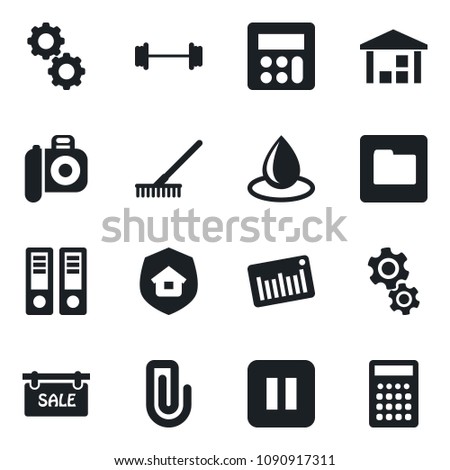 Set of vector isolated black icon - office binder vector, rake, water drop, barbell, warehouse, barcode, camera, pause button, calculator, folder, paper clip, sale, estate insurance, gear