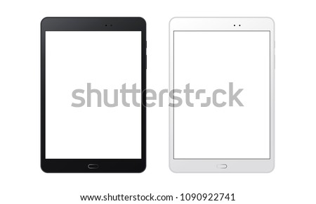 Black and white tablet computers mockups with blank screens. Responsive screens to display your mobile web site design. Vector illustration Royalty-Free Stock Photo #1090922741