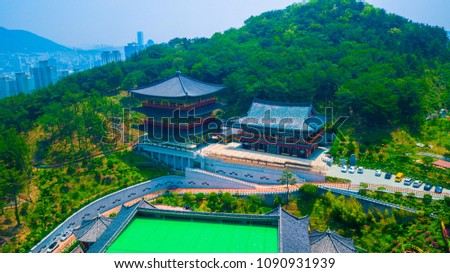 Aerial view of Samgwangsa temple in Busan city of South Korea. Thousands of paper lanterns decorate Samgwangsa Temple in Busan city of South Korea for Buddha's Birthday.