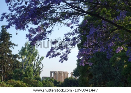 Photo from iconic pillars of Temple of Olympian Zeus as seen from Zappeion gardens through beautiful purple spring flowers, Athens historic center, Attica, Greece         